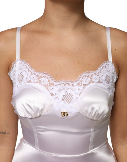 White Lace Gold DG Logo Silk Dress Sleepwear-Dolce & Gabbana-LabelTerrace.com