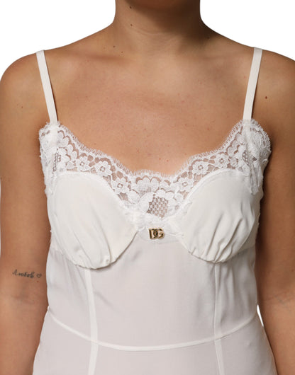 White Lace Gold DG Logo Silk Dress Sleepwear-Dolce & Gabbana-LabelTerrace.com