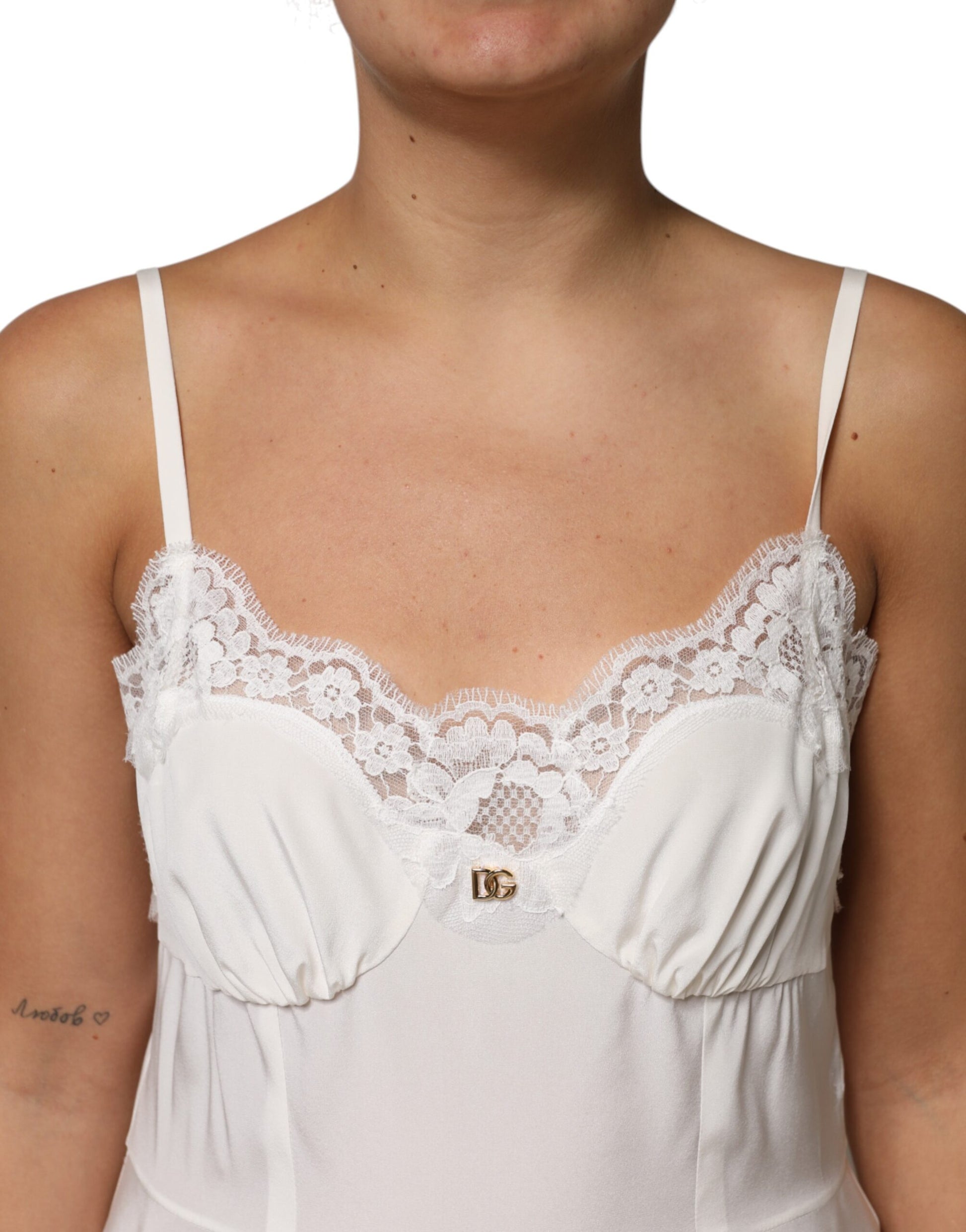 White Lace Gold DG Logo Silk Dress Sleepwear-Dolce & Gabbana-LabelTerrace.com