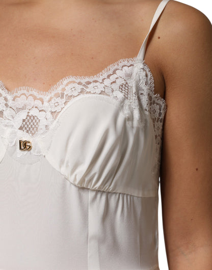 White Lace Gold DG Logo Silk Dress Sleepwear-Dolce & Gabbana-LabelTerrace.com