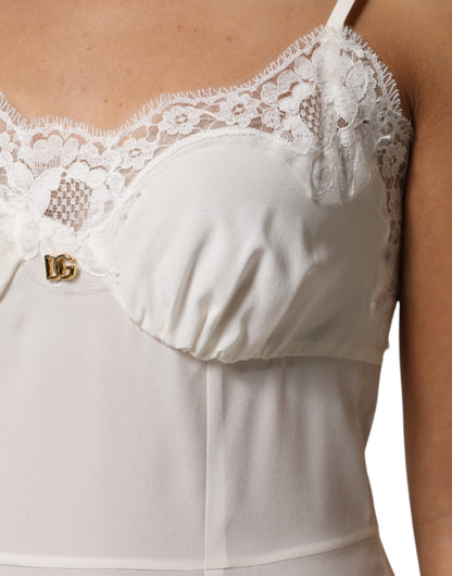 White Lace Gold DG Logo Silk Dress Sleepwear-Dolce & Gabbana-LabelTerrace.com