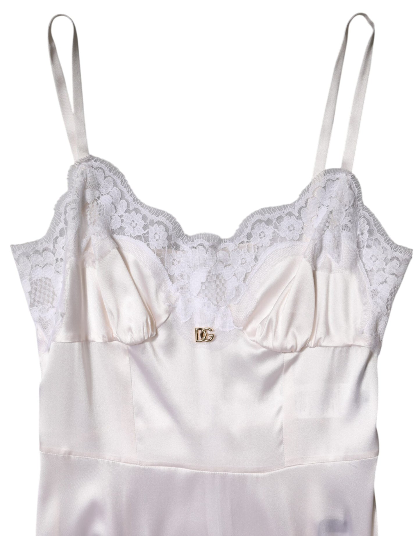 White Lace Gold DG Logo Silk Dress Sleepwear-Dolce & Gabbana-LabelTerrace.com