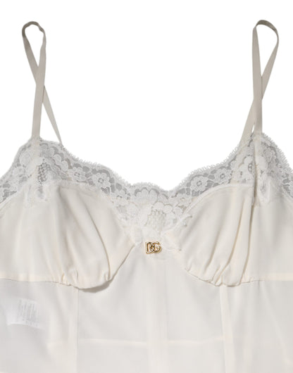 White Lace Gold DG Logo Silk Dress Sleepwear-Dolce & Gabbana-LabelTerrace.com