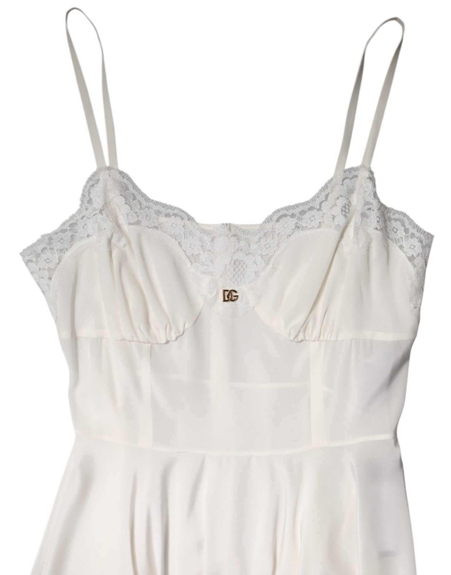 White Lace Gold DG Logo Silk Dress Sleepwear-Dolce & Gabbana-LabelTerrace.com