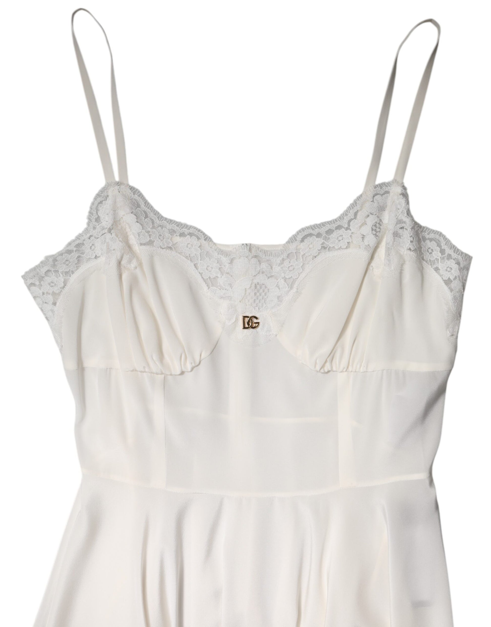 White Lace Gold DG Logo Silk Dress Sleepwear-Dolce & Gabbana-LabelTerrace.com