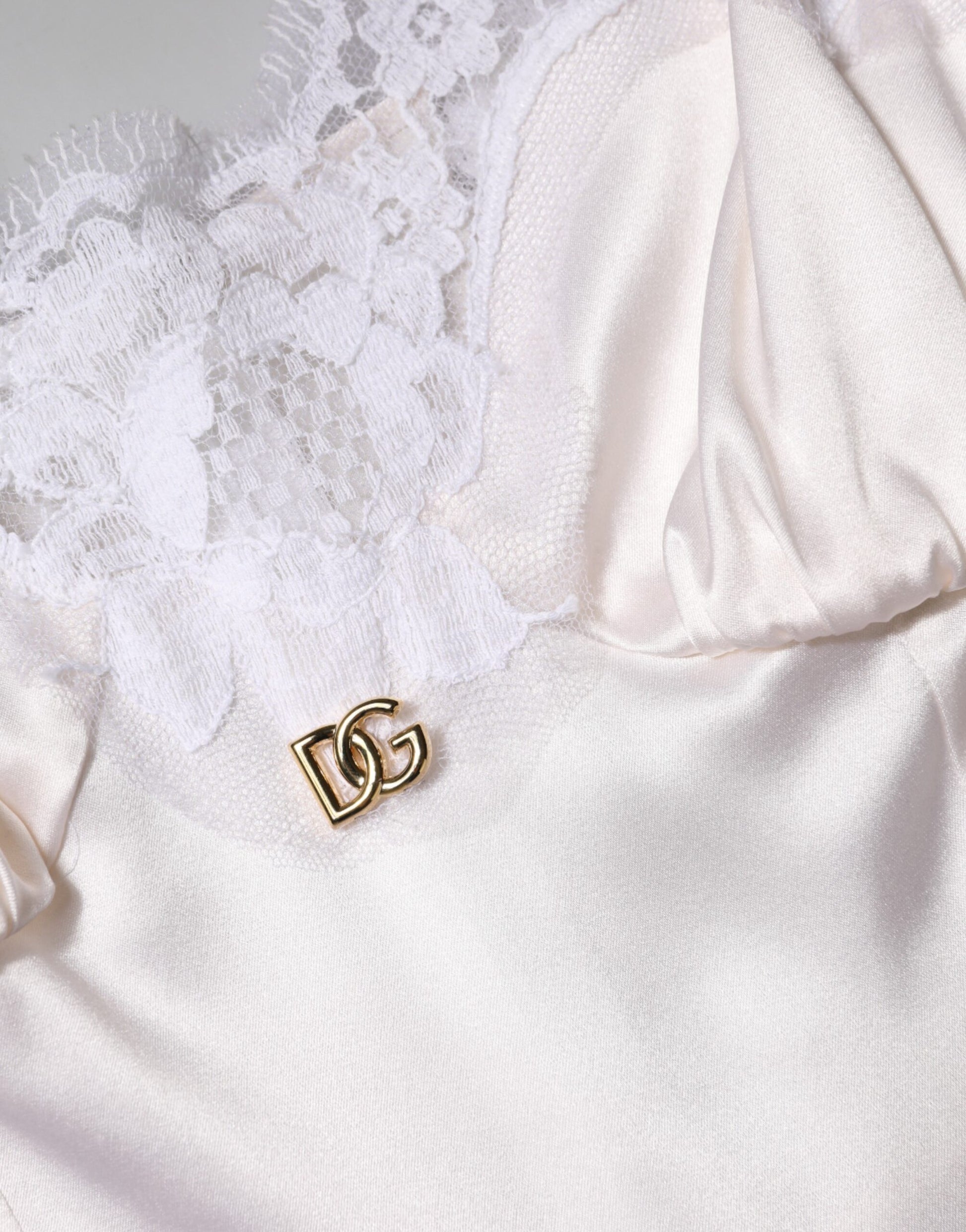 White Lace Gold DG Logo Silk Dress Sleepwear-Dolce & Gabbana-LabelTerrace.com