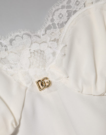 White Lace Gold DG Logo Silk Dress Sleepwear-Dolce & Gabbana-LabelTerrace.com