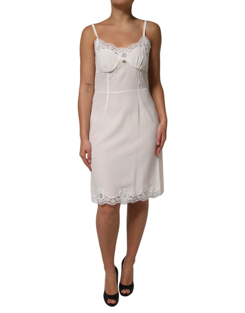 White Lace Gold DG Logo Silk Dress Sleepwear-Dolce & Gabbana-LabelTerrace.com