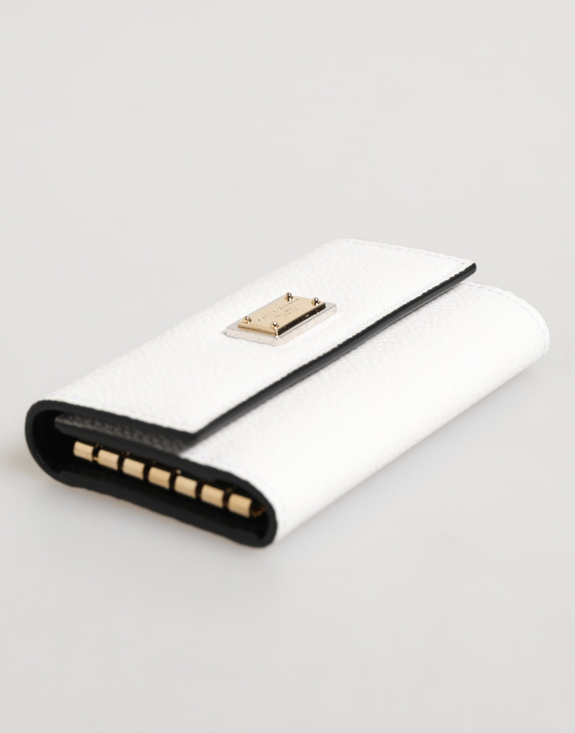 White Leather Card Case Holder Wallet Gold Logo Plate Key Holder