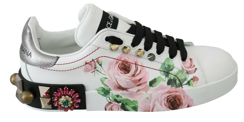 White Leather Crystal Roses Floral Sneakers Shoes-Dolce & Gabbana-LabelTerrace.com