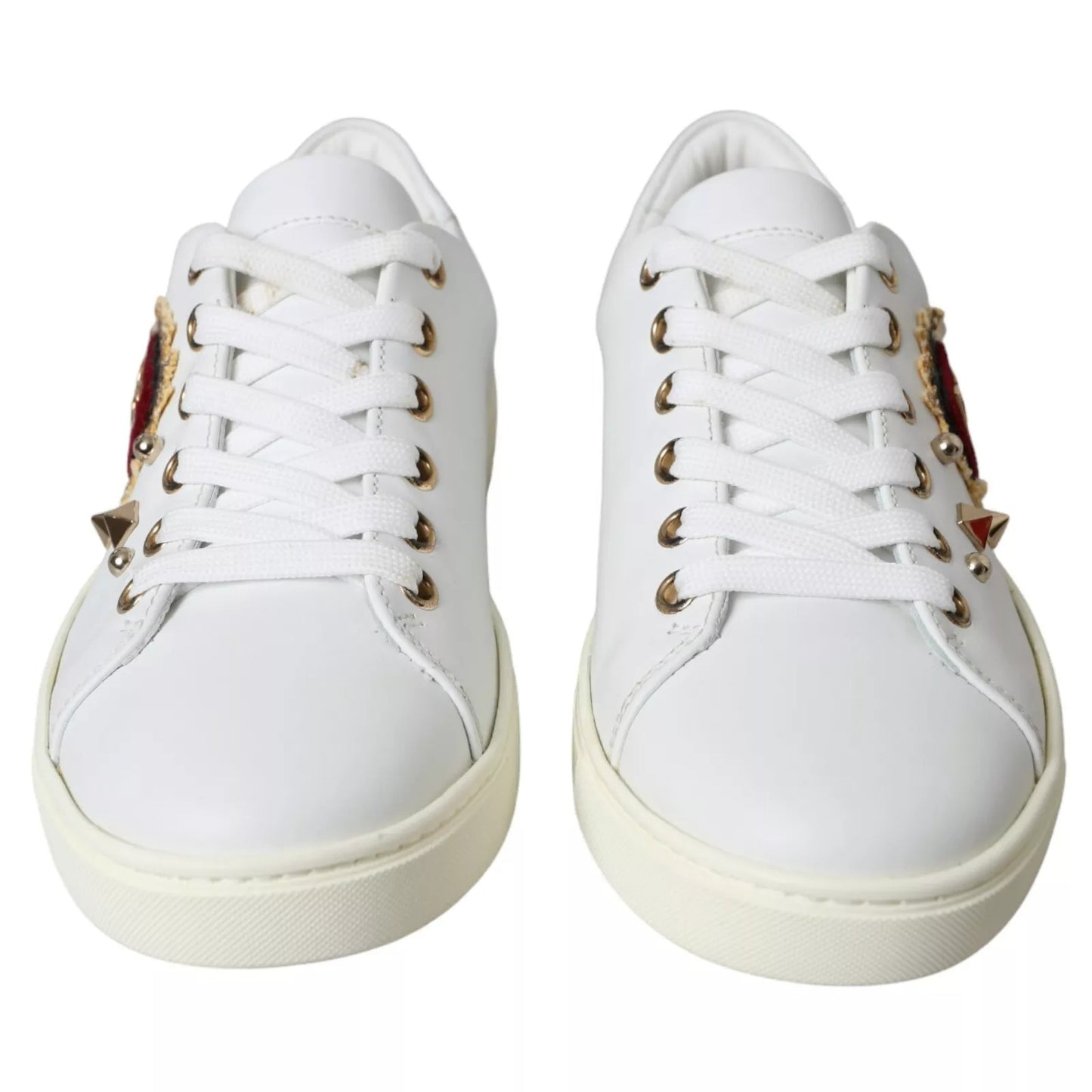 White Leather Gold Red Heart Sneakers Shoes-Dolce & Gabbana-LabelTerrace.com