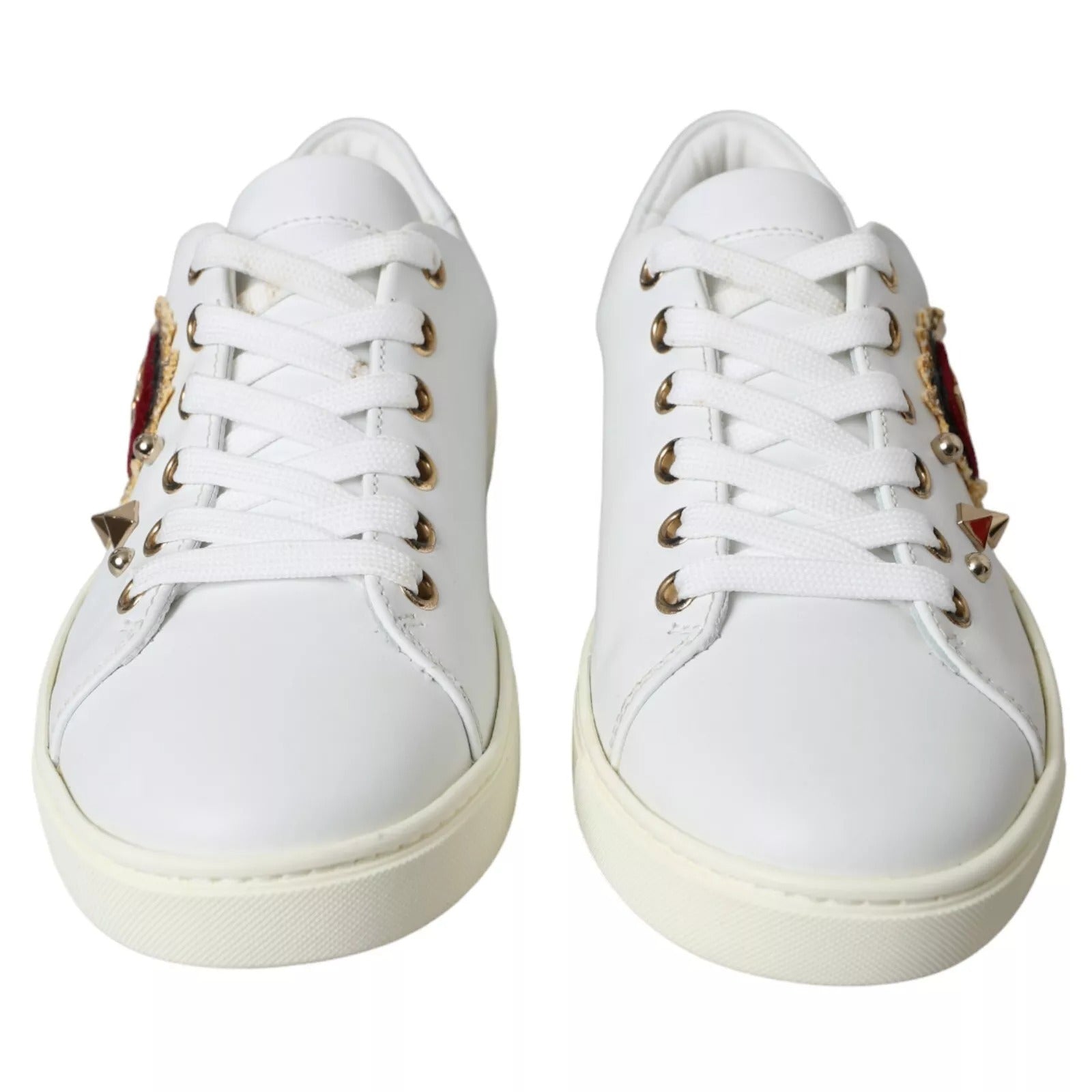White Leather Gold Red Heart Sneakers Shoes-Dolce & Gabbana-LabelTerrace.com