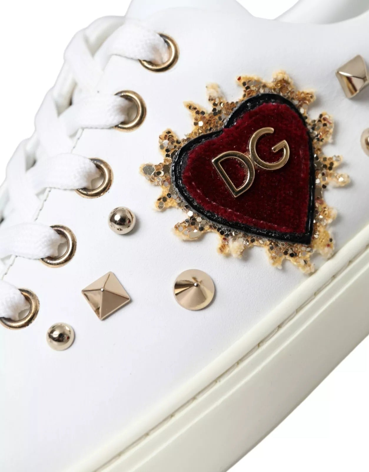 White Leather Gold Red Heart Sneakers Shoes-Dolce & Gabbana-LabelTerrace.com