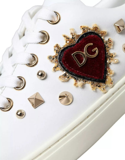 White Leather Gold Red Heart Sneakers Shoes-Dolce & Gabbana-LabelTerrace.com