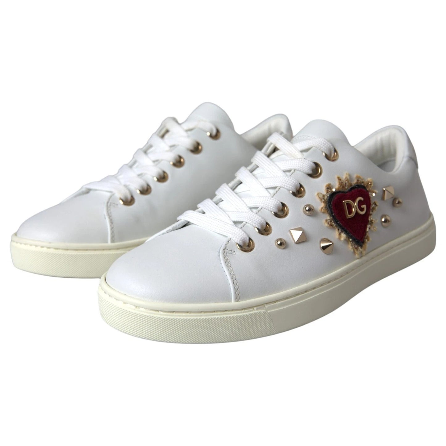 White Leather Gold Red Heart Sneakers Shoes-Dolce & Gabbana-LabelTerrace.com