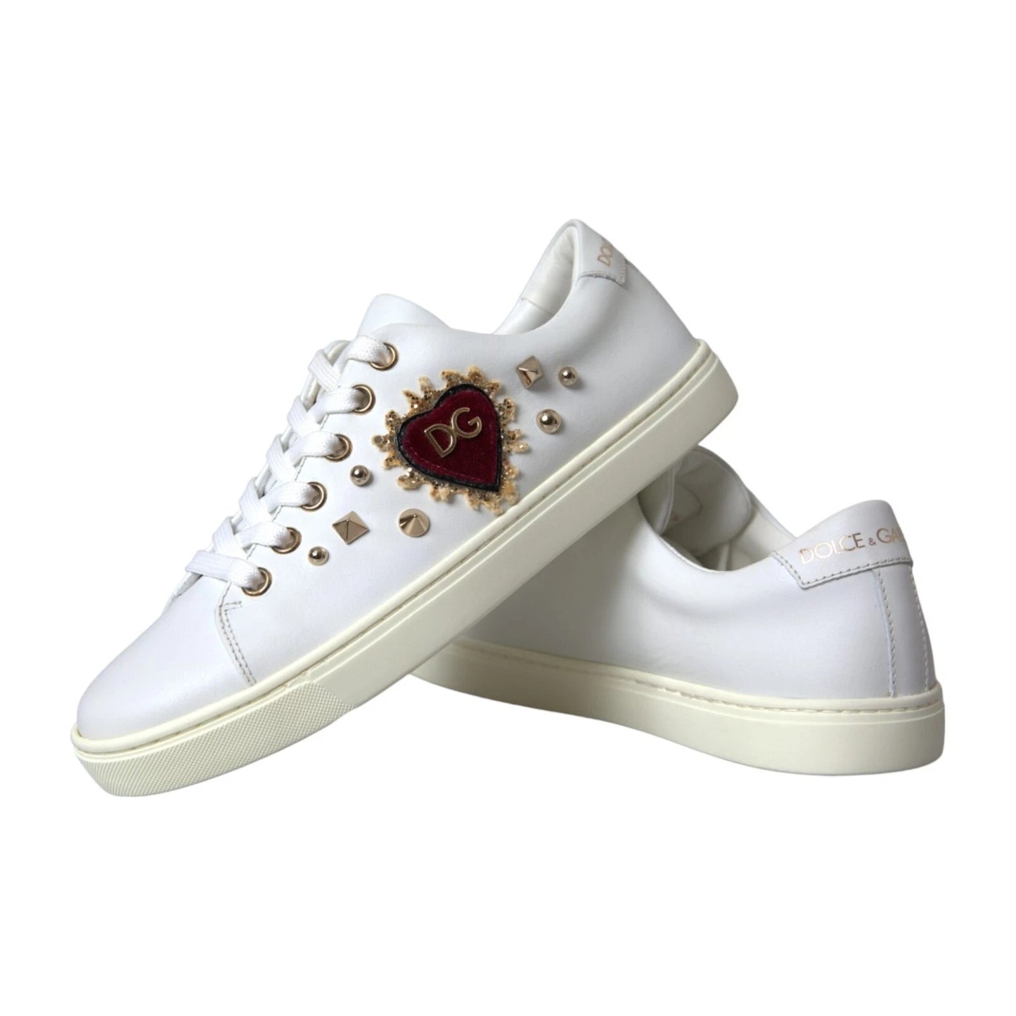 White Leather Gold Red Heart Sneakers Shoes-Dolce & Gabbana-LabelTerrace.com