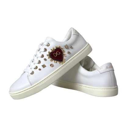 White Leather Gold Red Heart Sneakers Shoes-Dolce & Gabbana-LabelTerrace.com