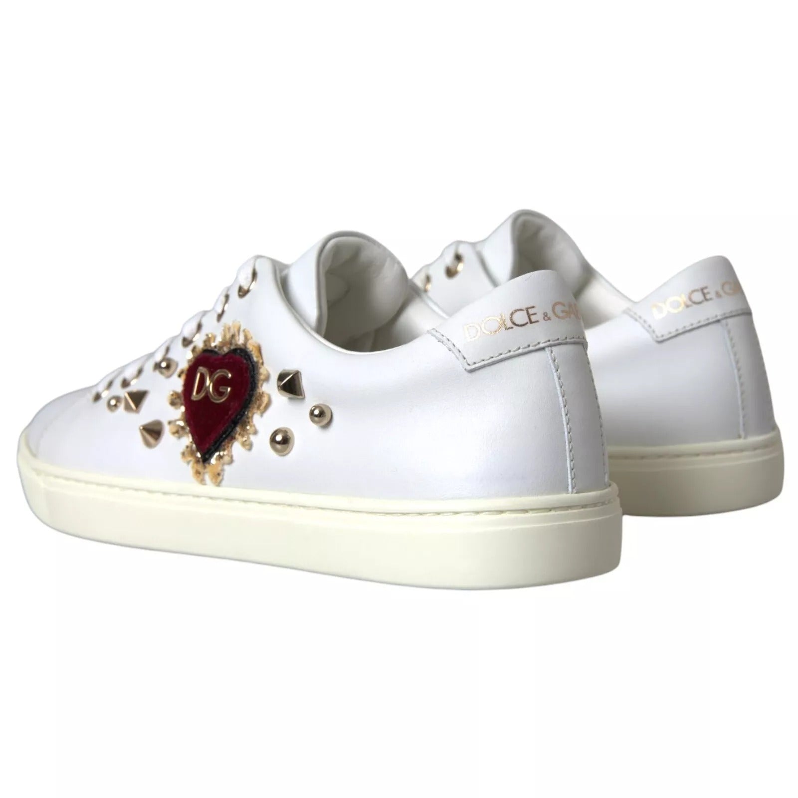 White Leather Gold Red Heart Sneakers Shoes-Dolce & Gabbana-LabelTerrace.com