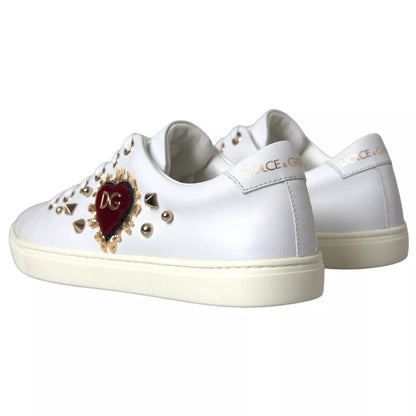 White Leather Gold Red Heart Sneakers Shoes-Dolce & Gabbana-LabelTerrace.com