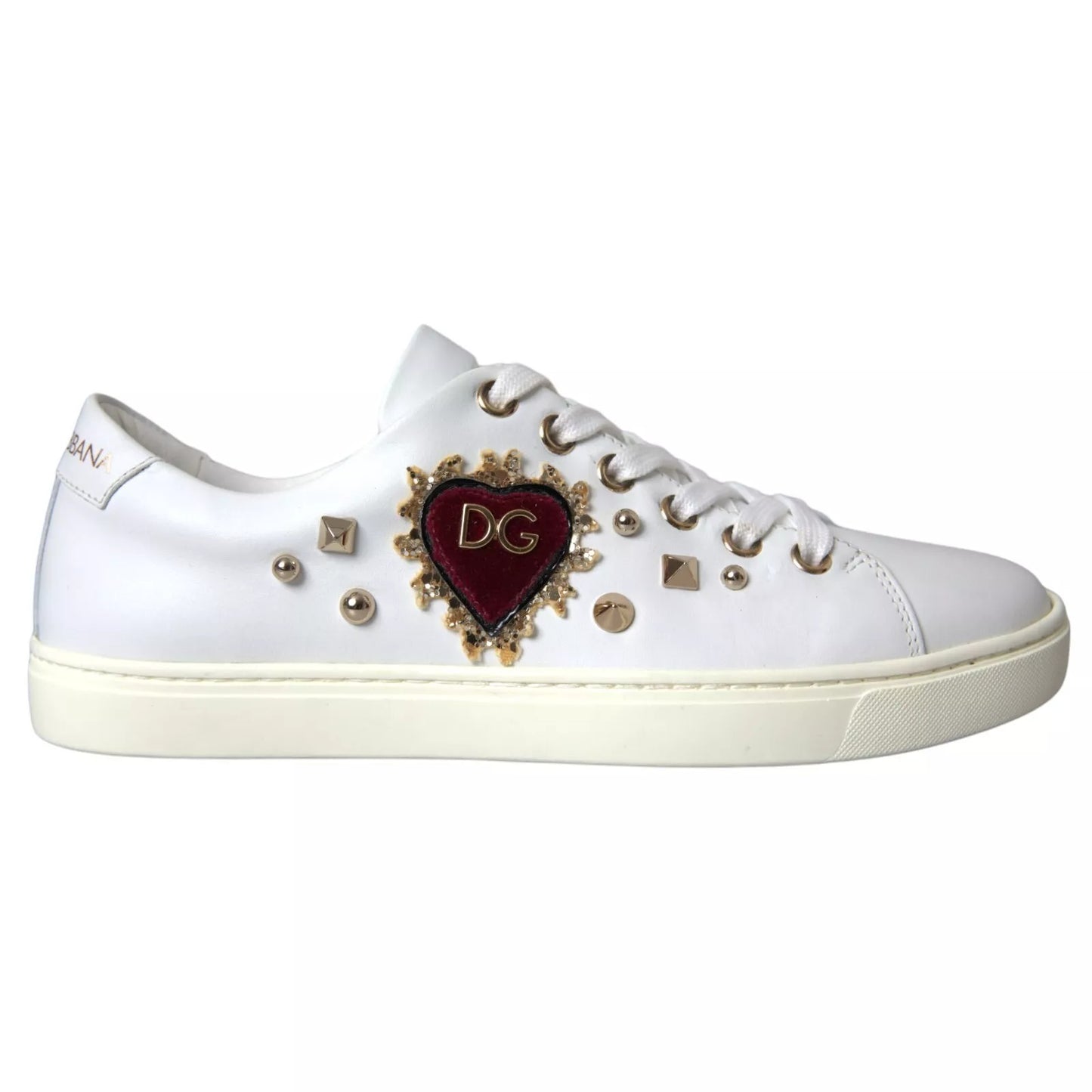 White Leather Gold Red Heart Sneakers Shoes-Dolce & Gabbana-LabelTerrace.com