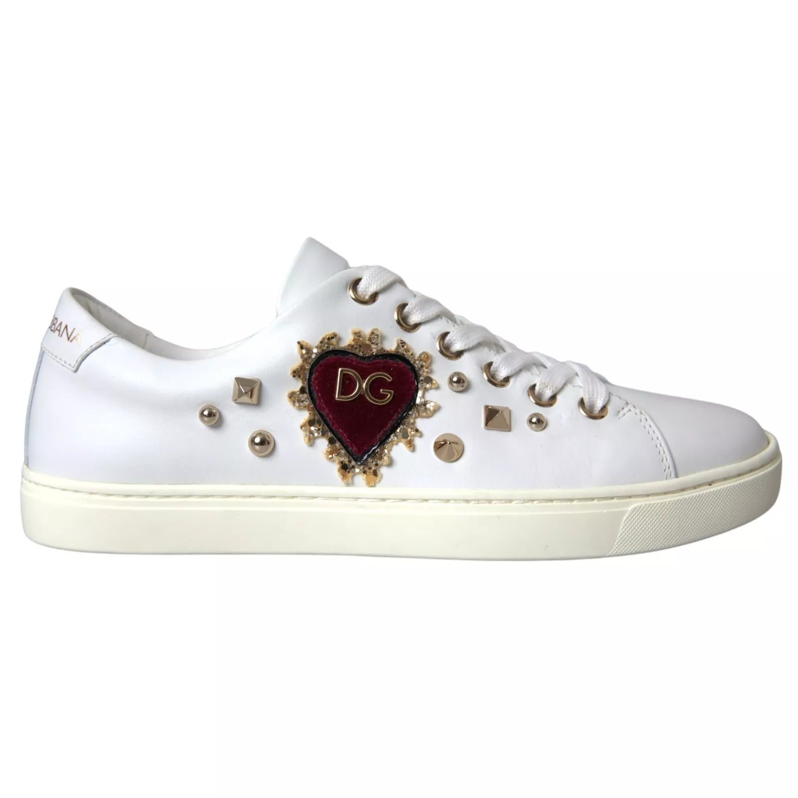 White Leather Gold Red Heart Sneakers Shoes-Dolce & Gabbana-LabelTerrace.com