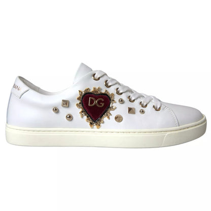White Leather Gold Red Heart Sneakers Shoes-Dolce & Gabbana-LabelTerrace.com