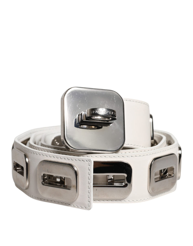 White Leather Gold Tone Rotating Buckle Belt-Dolce & Gabbana-LabelTerrace.com