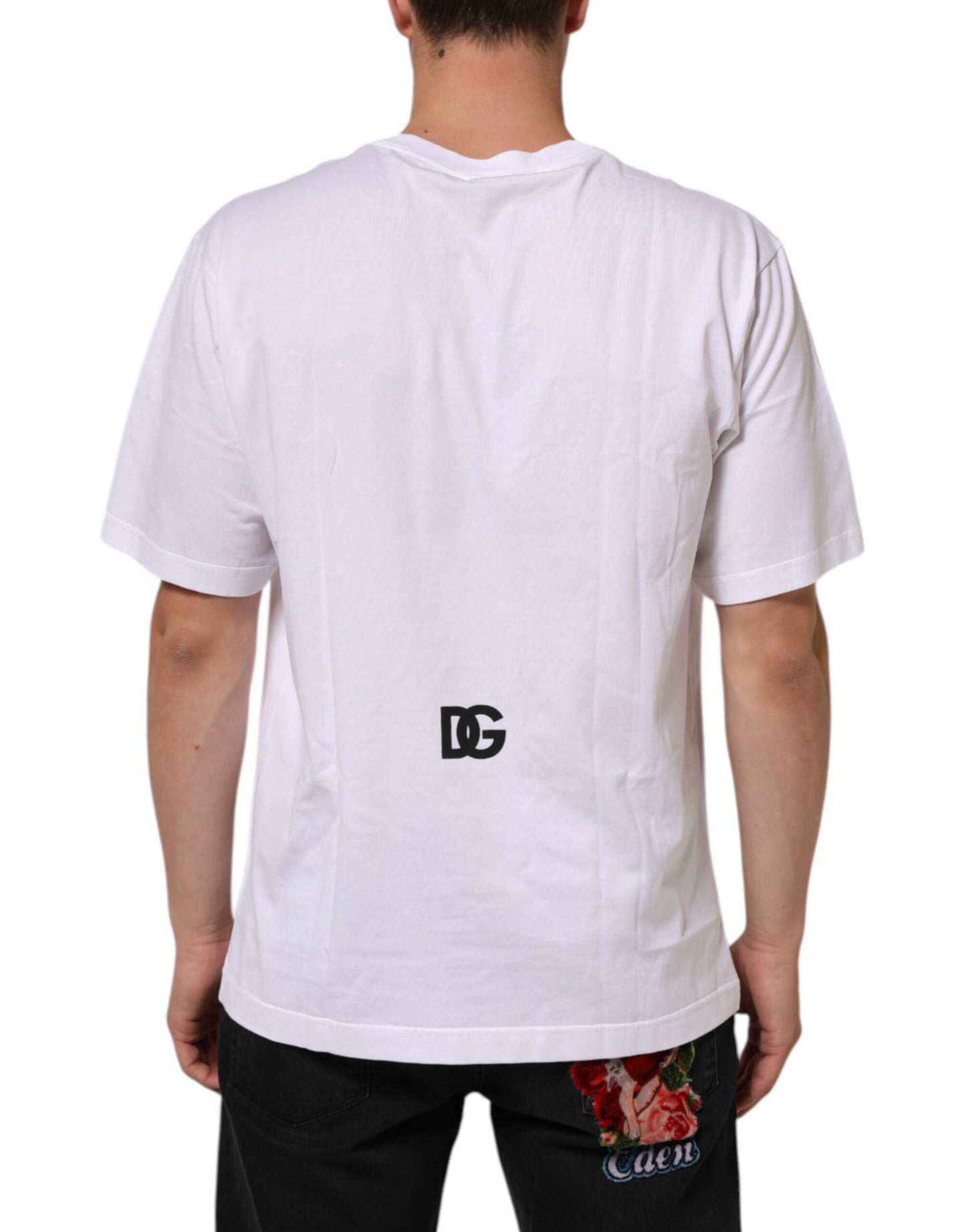 White Logo Print Cotton Crew Neck Men T-shirt