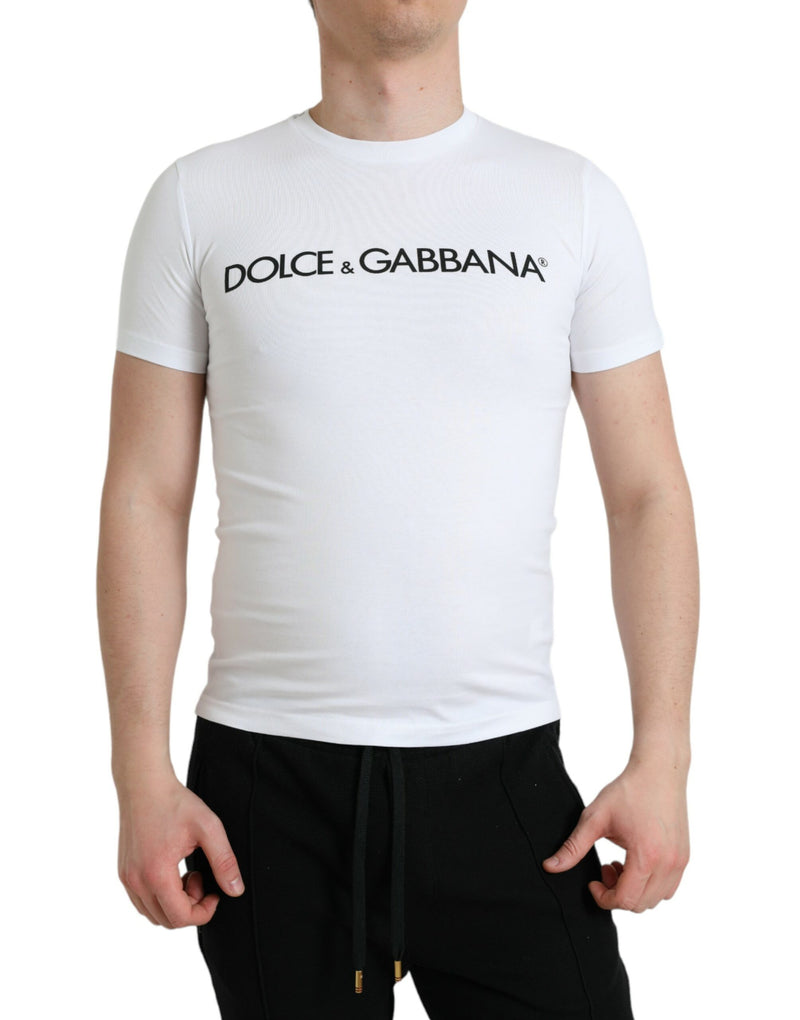 White Logo Print Cotton Crew Neck T-shirt-Dolce & Gabbana-LabelTerrace.com