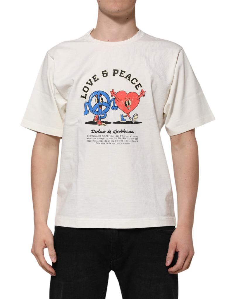 White Love Peace Cotton Men Crew Neck T-shirt-Dolce & Gabbana-LabelTerrace.com