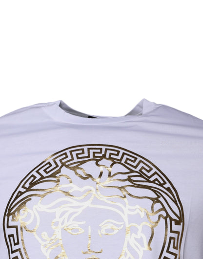 White Medusa Print Cotton Crew Neck T-shirt-Versace-LabelTerrace.com