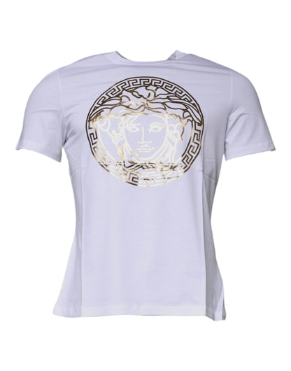 White Medusa Print Cotton Crew Neck T-shirt-Versace-LabelTerrace.com
