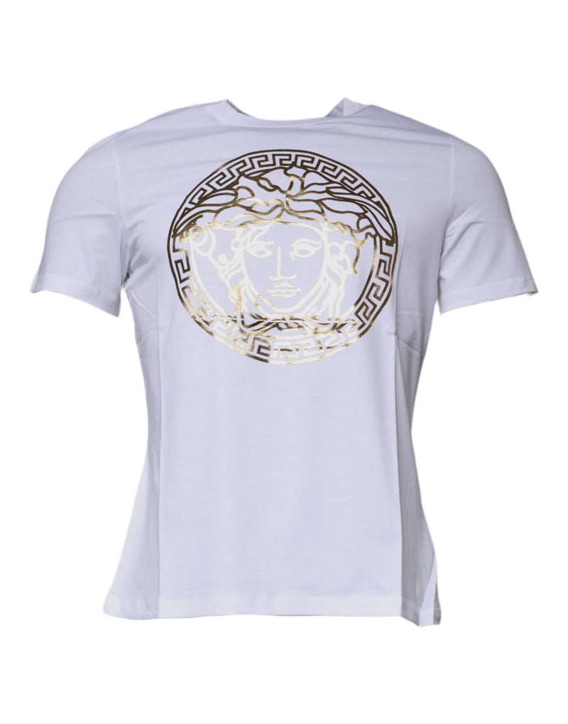 White Medusa Print Cotton Crew Neck T-shirt-Versace-LabelTerrace.com