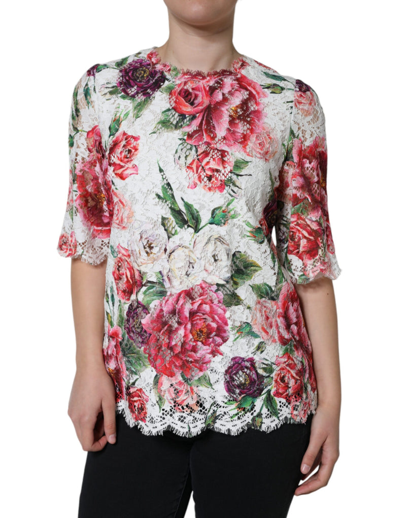 White Peony Lace Short Sleeves Blouse Top-Dolce & Gabbana-LabelTerrace.com
