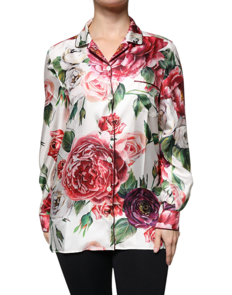 White Peony Silk Long Sleeves Collared Blouse Top-Dolce & Gabbana-LabelTerrace.com
