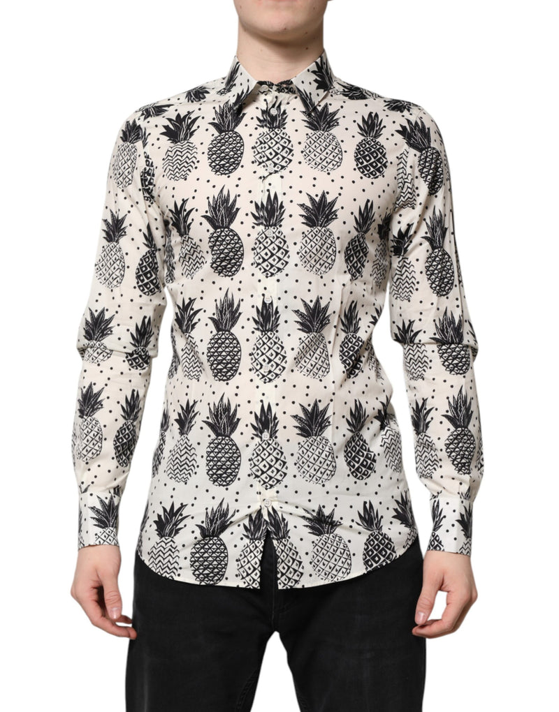 White Pineapple Print Long Sleeve GOLD Shirt-Dolce & Gabbana-LabelTerrace.com