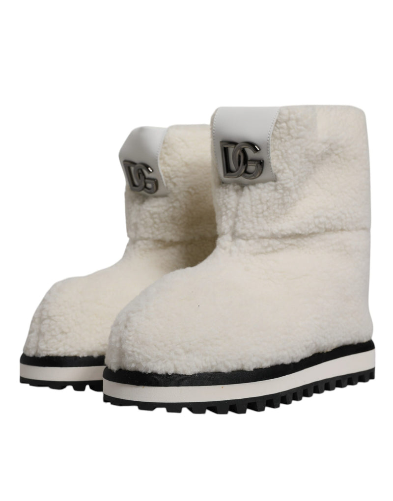 White Plush Logo Padded Mid Calf Boots Shoes-Dolce & Gabbana-LabelTerrace.com