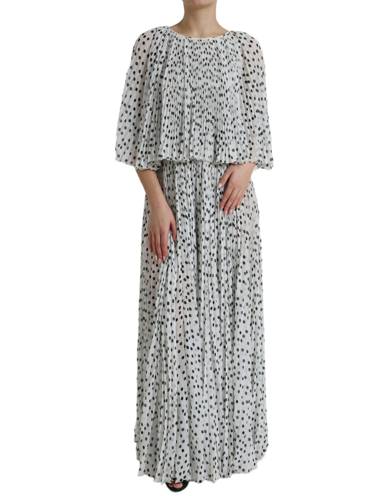 White Polka Dot A-line Pleated Maxi Dress-Dolce & Gabbana-LabelTerrace.com