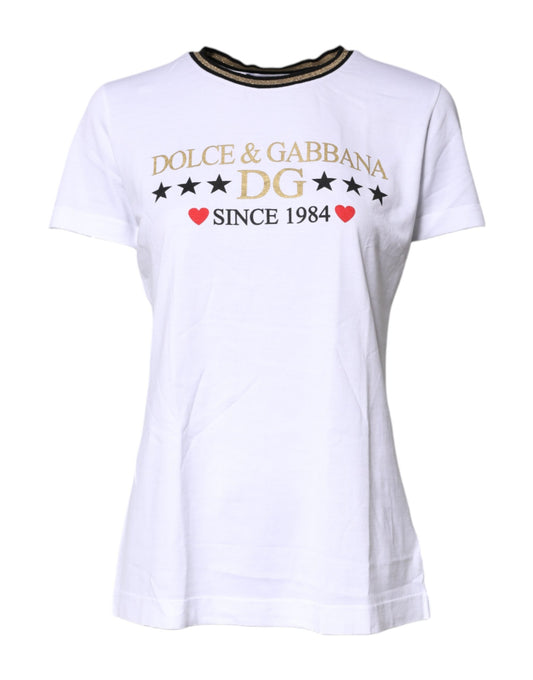 White Printed Round Neck Top Cotton T-shirt-Dolce & Gabbana-LabelTerrace.com