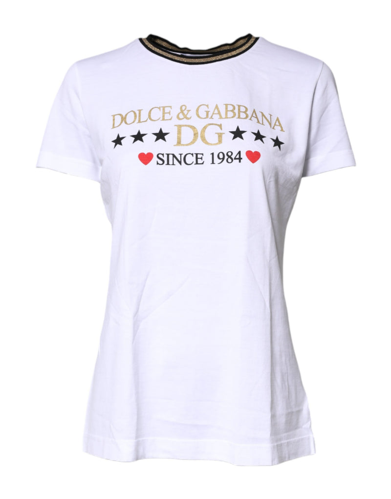 White Printed Round Neck Top Cotton T-shirt-Dolce & Gabbana-LabelTerrace.com