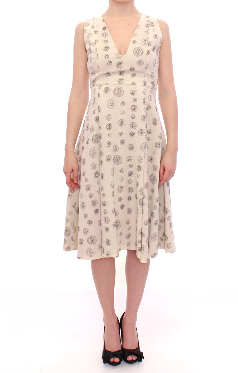 White Printed Shift V-neck Sheath Dress-Andrea Incontri-LabelTerrace.com