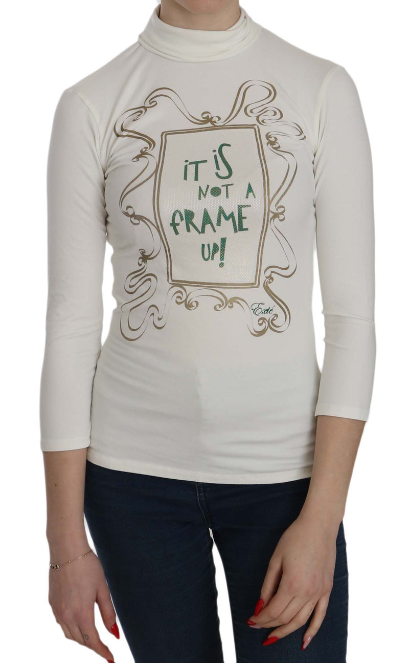 White Printed Turtle Neck 3/4 Sleeve Top Cotton Blouse-Exte-LabelTerrace.com