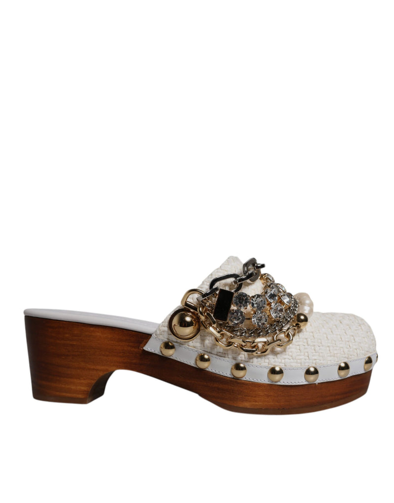 White Raffia Clogs Bejeweled Chain Sandals Shoes-Dolce & Gabbana-LabelTerrace.com