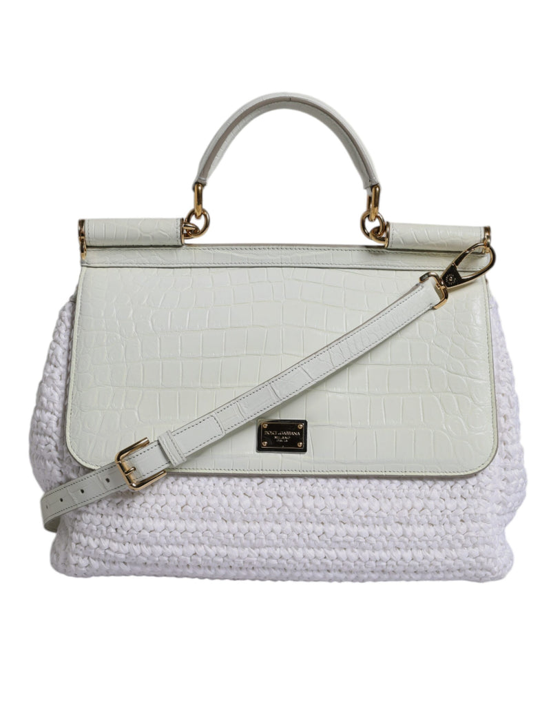 White Rafia Leather Top Handle Crossbody Bag-Dolce & Gabbana-LabelTerrace.com