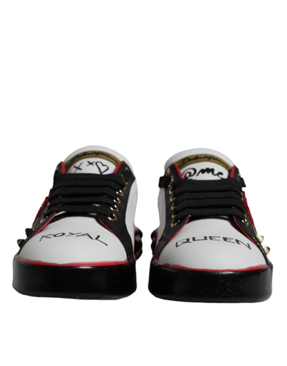 White Red Crystals Leather Portofino Sneakers Shoes-Dolce & Gabbana-LabelTerrace.com