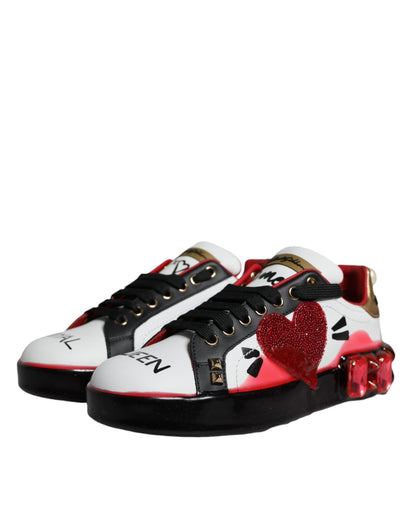 White Red Crystals Leather Portofino Sneakers Shoes-Dolce & Gabbana-LabelTerrace.com