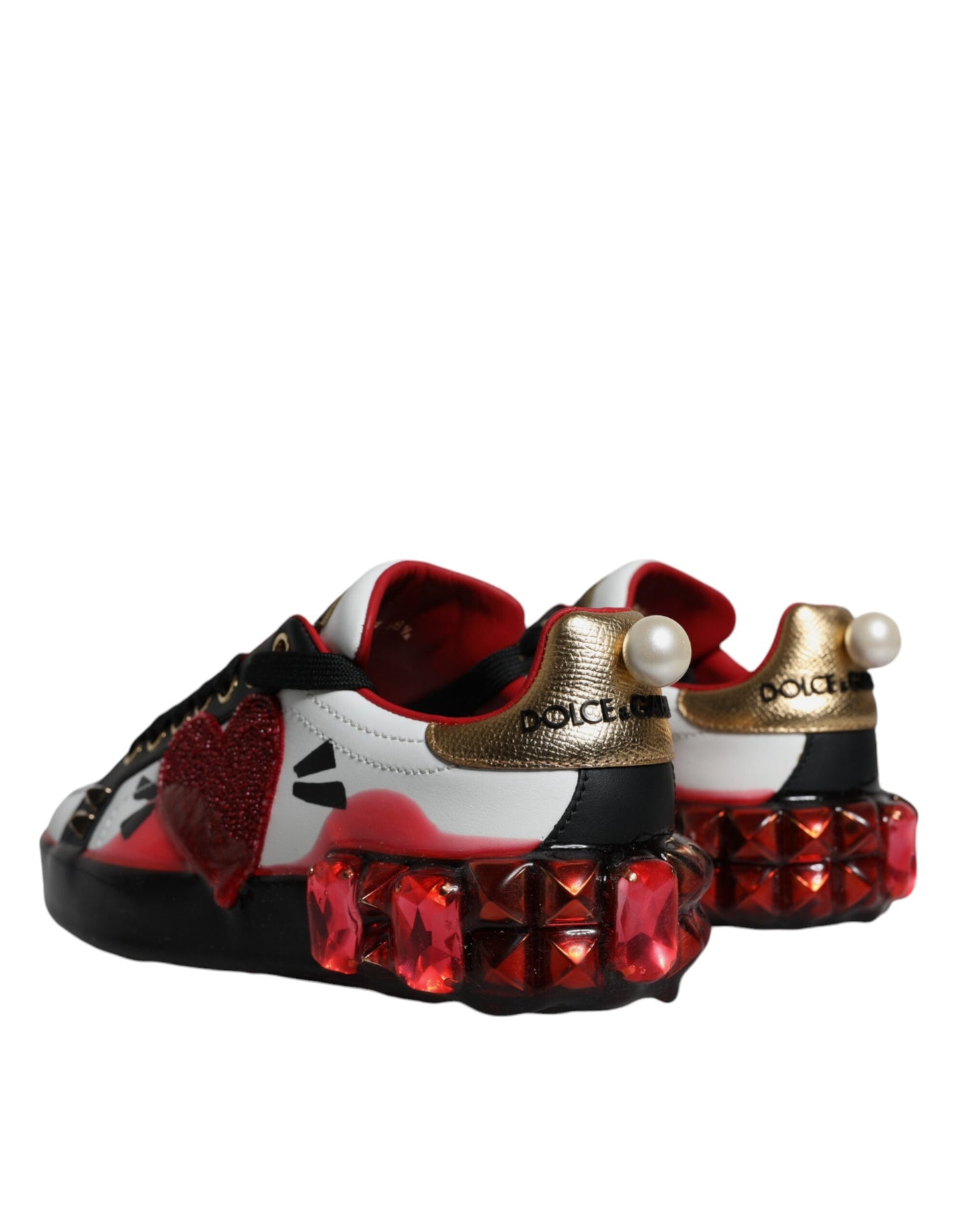 White Red Crystals Leather Portofino Sneakers Shoes-Dolce & Gabbana-LabelTerrace.com