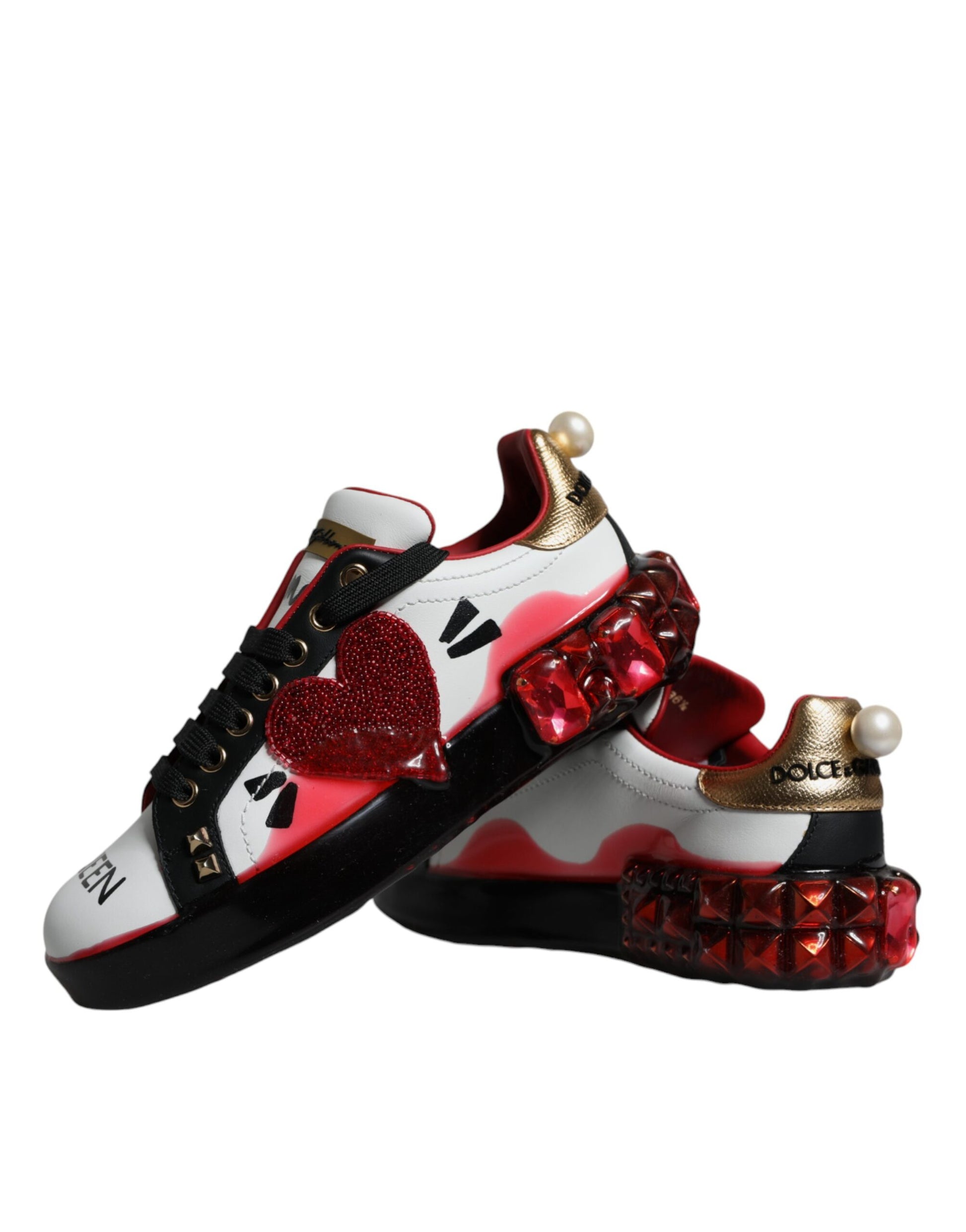 White Red Crystals Leather Portofino Sneakers Shoes-Dolce & Gabbana-LabelTerrace.com