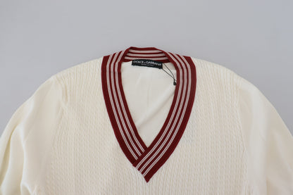 White Red Knitted V-neck Pullover Sweater