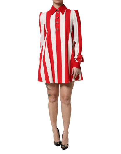 White Red Stripes Long Sleeves Mini Dress-Dolce & Gabbana-LabelTerrace.com